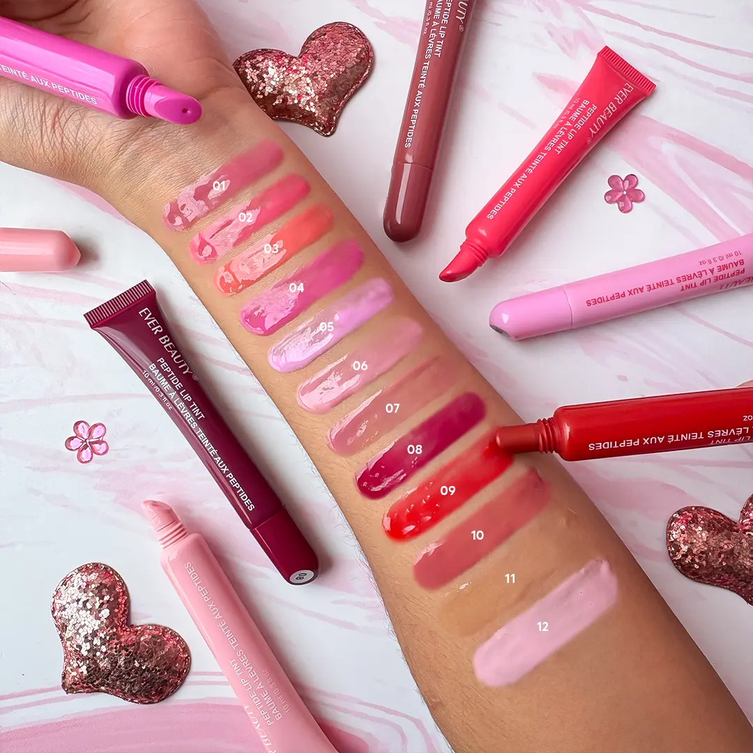 Peptide Lip Tint — صورة حقيقية تُظهر جميع الألوان الأربعة
